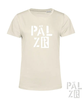 Cremeweiße T-Shirt mit weißem „pälzr“-Logo, aus Baumwolle.