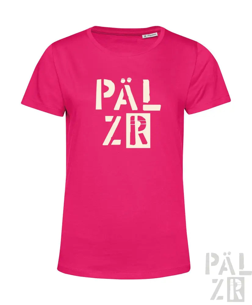 Rosa T-Shirt mit ‘pälzr’-Design in Weiß, Baumwollmaterial.