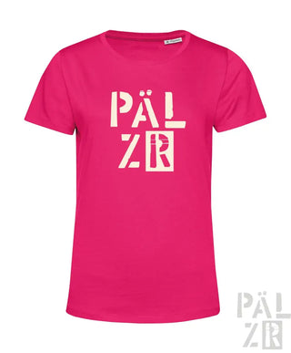 Rosa T-Shirt mit ‘pälzr’-Design in Weiß, Baumwollmaterial.