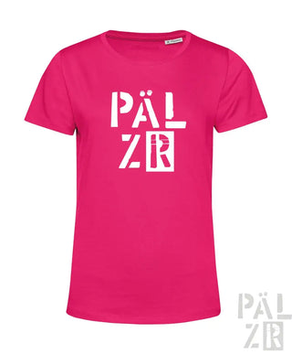 Rosa T-Shirt mit weißem „pälzr“-Design und Logo.