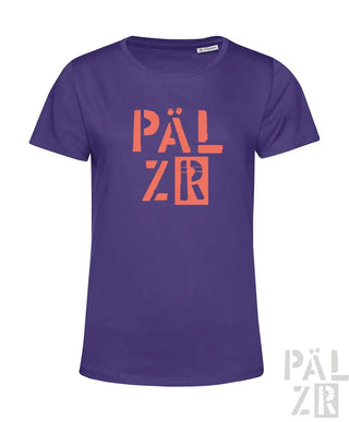 Lila T-Shirt mit ’pälzr’-Design in Orange und Schwarz, aus Baumwolle.