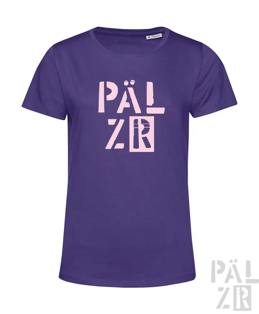 Lila T-Shirt mit ’pälzr’-Design in Weiß.