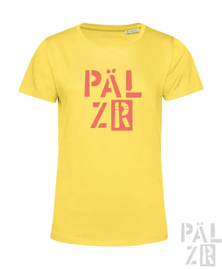 Gelbes T-Shirt mit ’pälzr’-Design in Rot und Schwarz.