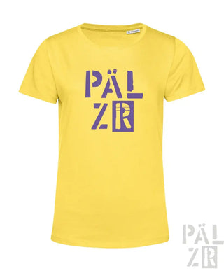 Gelbes T-Shirt mit lila „pä lzr“-Logo-Design.