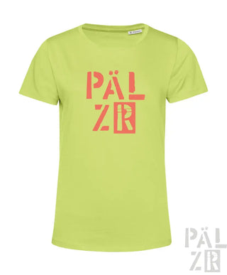 Limegrünes Pälsr T-Shirt mit kühnen orangenen Textdesign.