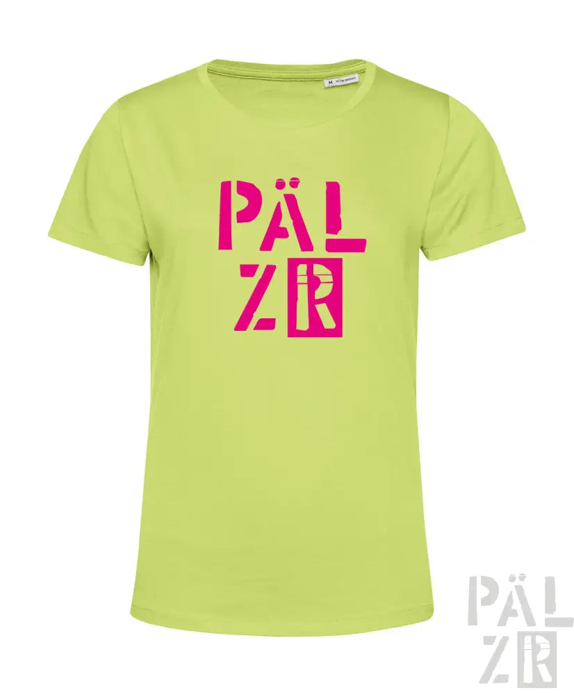 Limettengrünes T-Shirt mit pinkem ’pälzr’-Logo-Design, aus Baumwolle.