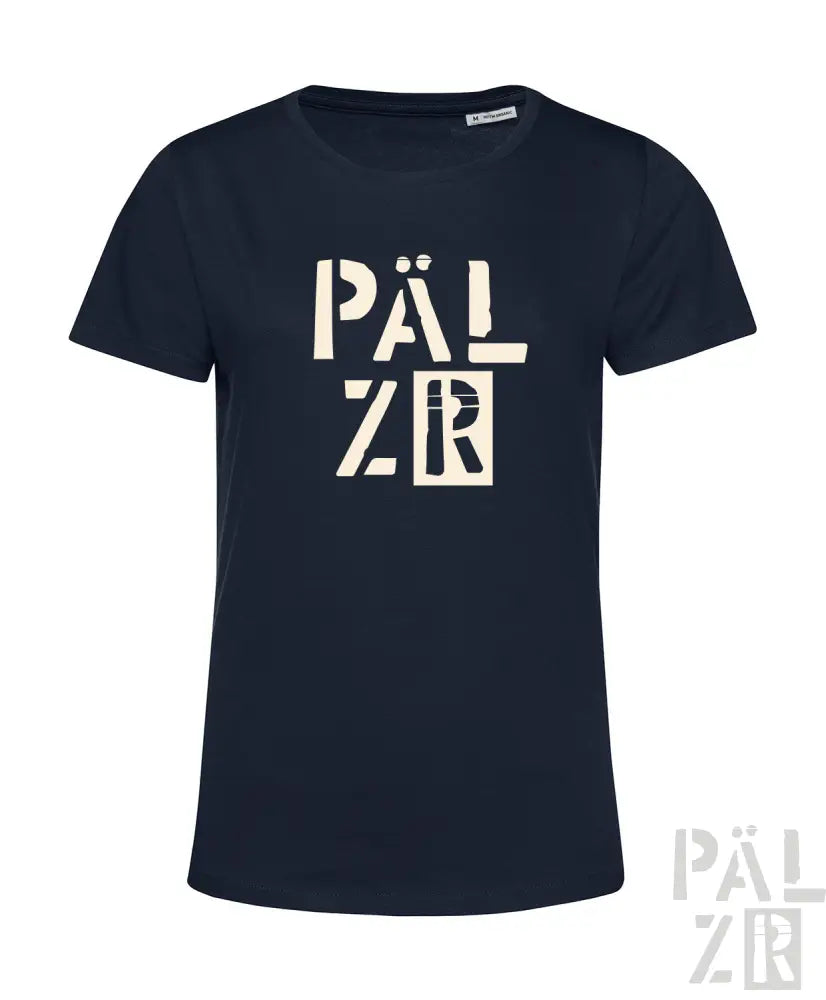 Marineblaues T-Shirt mit weißem „pälzr“-Logo-Design, aus Baumwolle gefertigt.