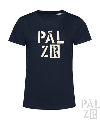 Marineblaues T-Shirt mit weißem „pälzr“-Logo-Design, aus Baumwolle gefertigt.
