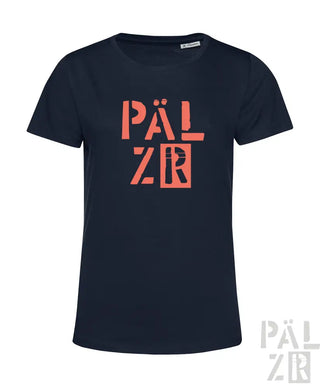 Marineblaues T-Shirt mit Korallen-’palzr’-Grafikdesign, aus Baumwolle gefertigt.
