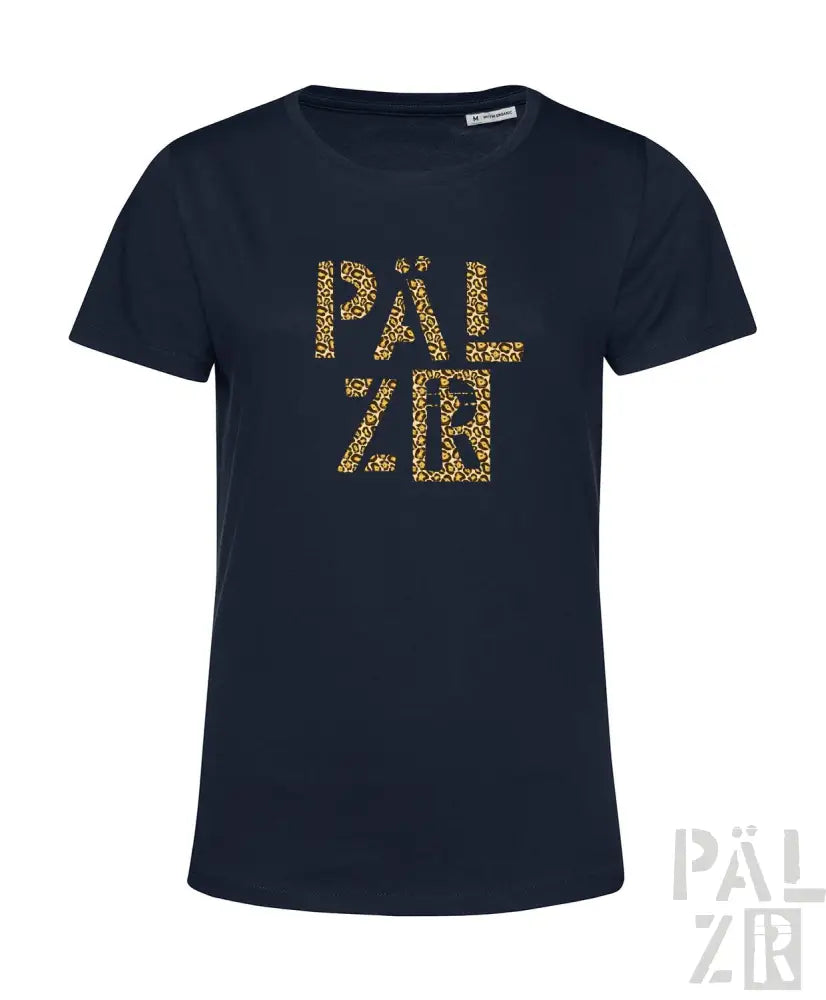 Marineblaues T-Shirt mit Leopard-Print-Design ’palzbr’, kurzen Ärmeln und Rundhals.