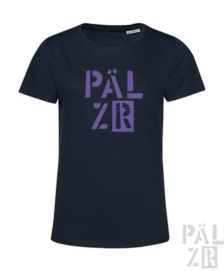 Marineblaues T-Shirt mit lila „pälzr“-Logo-Design.