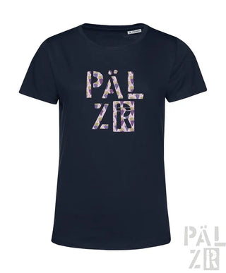 Marineblaues T-Shirt mit Blumenmuster-Design und Text ’päl zr’.