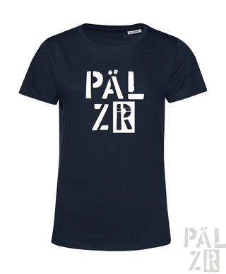 Marineblaues T-Shirt mit weißem ’pälzr’ Grafikdesign, aus Baumwolle gefertigt.