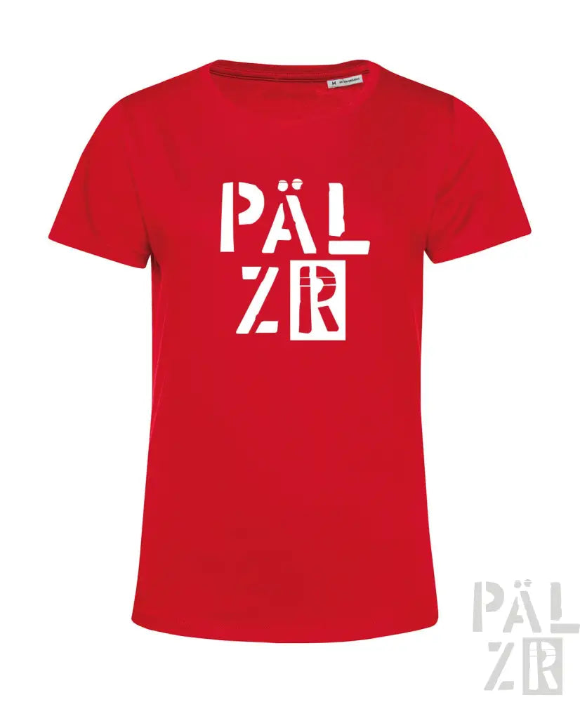 Rotes T-Shirt mit weißem ’pälzr’ Textdesign, Baumwollmaterial.