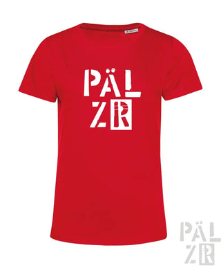 Rotes T-Shirt mit weißem ’pälzr’ Textdesign, Baumwollmaterial.