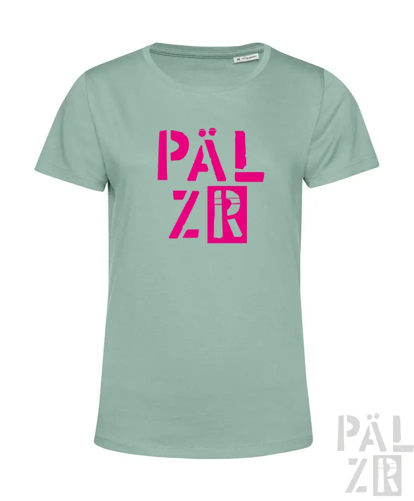 Minzgrünes T-Shirt mit pinkem ’pälzr’ Logo-Design.