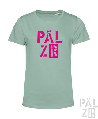 Minzgrünes T-Shirt mit pinkem ’pälzr’ Logo-Design.