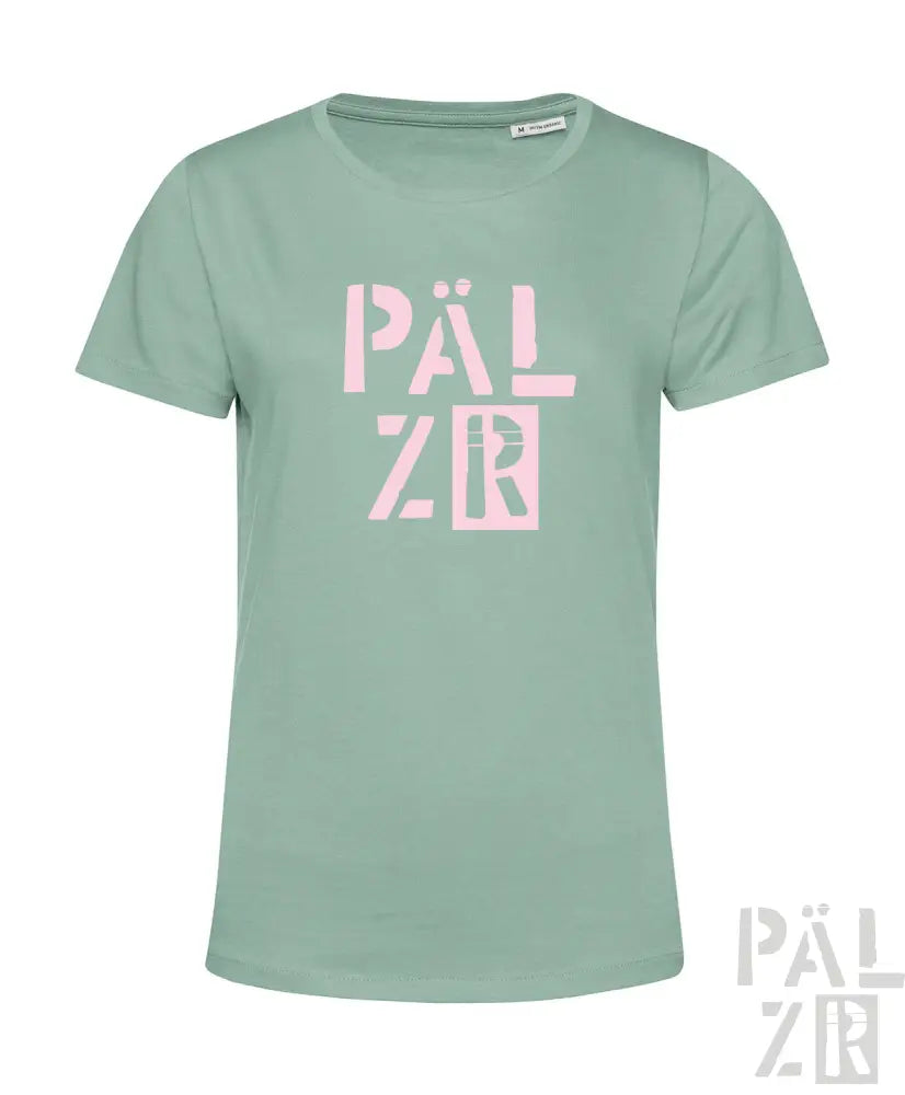 Minzgrünes T-Shirt mit pinkem ’palzr’-Logo-Design.