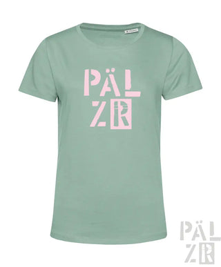Minzgrünes T-Shirt mit pinkem ’palzr’-Logo-Design.