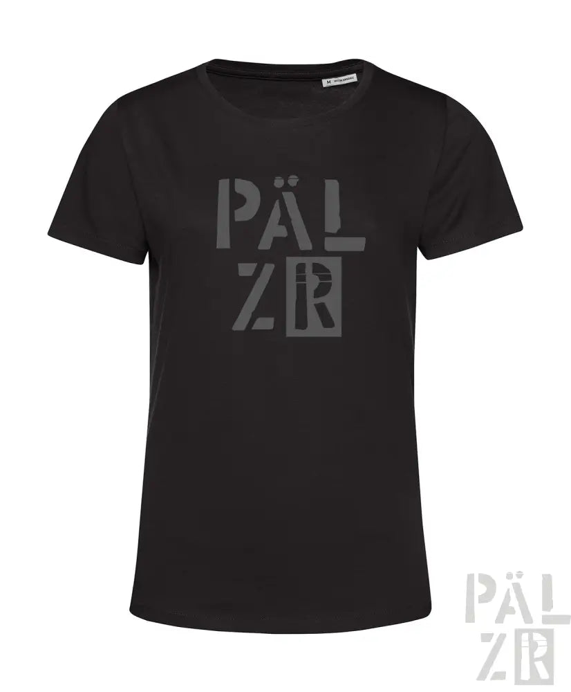 Schwarzes T-Shirt mit ’pälzr’-Design auf der Vorderseite, aus Baumwolle gefertigt.