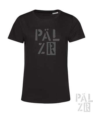 Schwarzes T-Shirt mit ’pälzr’-Design auf der Vorderseite, aus Baumwolle gefertigt.