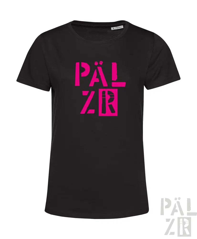 Schwarzes T-Shirt mit pinkem ’pälzr’-Logo-Design, aus Baumwolle gefertigt.
