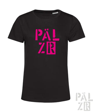 Schwarzes T-Shirt mit pinkem ’pälzr’-Logo-Design, aus Baumwolle gefertigt.