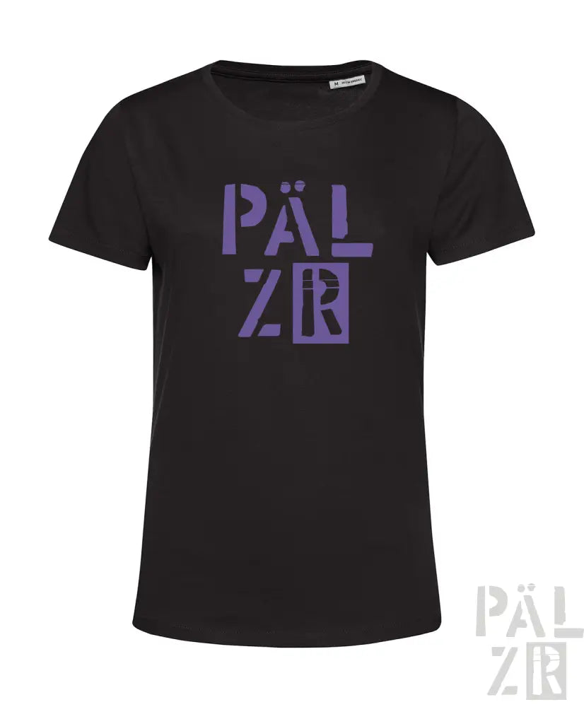 Schwarzes T-Shirt mit lila ’pälzr’-Logo-Design, aus Baumwolle.