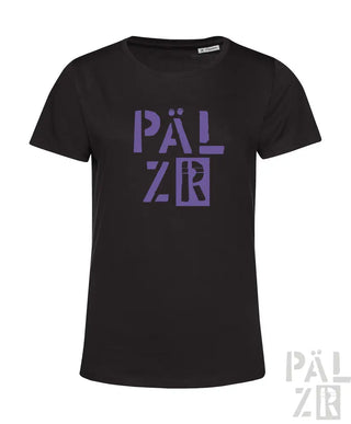 Schwarzes T-Shirt mit lila ’pälzr’-Logo-Design, aus Baumwolle.