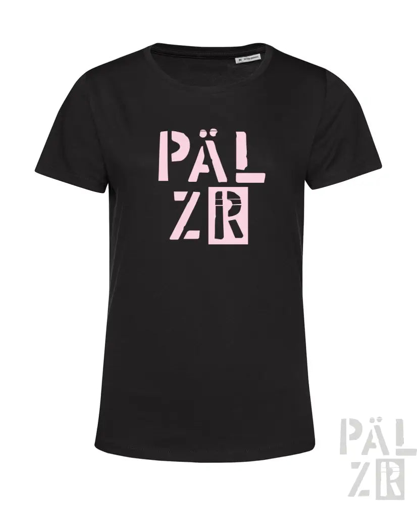 Schwarzes Baumwoll-T-Shirt mit pinkem ’pälzr’-Logo-Design.