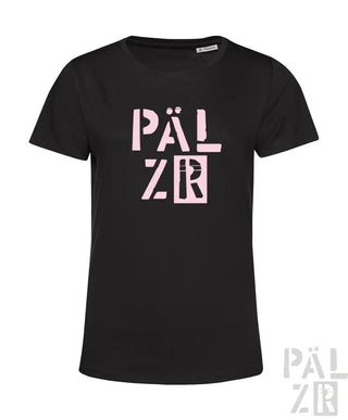 Schwarzes Baumwoll-T-Shirt mit pinkem ’pälzr’-Logo-Design.
