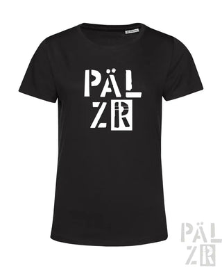 Schwarzes T-Shirt mit weißem Textdesign „pälzr“ und Logo.