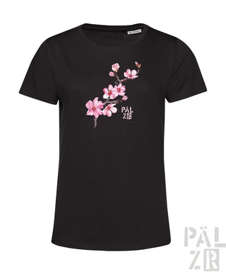 Schwarzes T-Shirt mit pinkem Kirschblüten-Design und ’pälzer’-Logo.