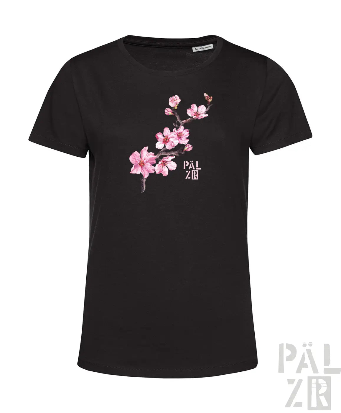 Schwarzes frauen t shirt mit pinkem mandelzweig design und pälzer logo verschiedene farben