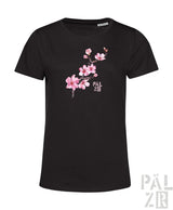 Schwarzes frauen t shirt mit pinkem mandelzweig design und pälzer logo verschiedene farben
