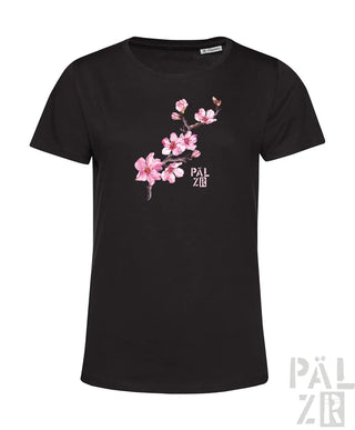 Schwarzes frauen t shirt mit pinkem mandelzweig design und pälzer logo verschiedene farben
