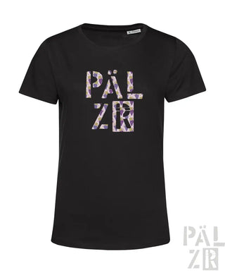 Schwarzes T-Shirt mit floralem „päl zr“-Design auf Vorder- und Rückseite.