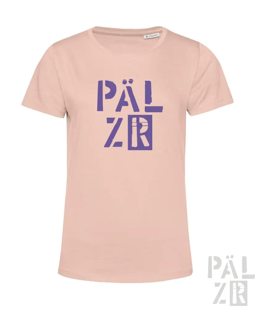 Blasses rosa T-Shirt mit ’pälzr’-Logo in Lila, aus Baumwolle.