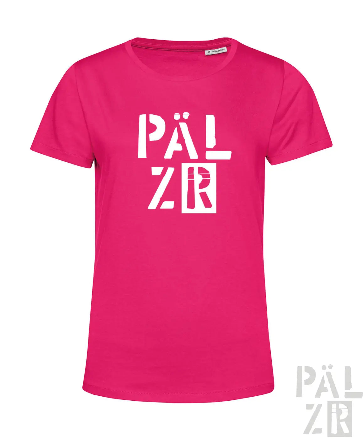 Vibrantes pinkes frauen t-shirt pälzr 2025 mit weißer blockschrift auf der brust in modernen design