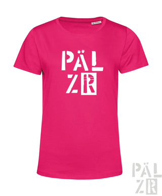 Vibrantes pinkes frauen t-shirt pälzr 2025 mit weißer blockschrift auf der brust in modernen design