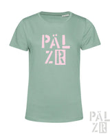 Frauens t-shirt pälzr 2025 mintgrün mit markantem pinkfarbenem pälz schriftzug kurzarm