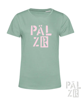 Frauens t-shirt pälzr 2025 mintgrün mit markantem pinkfarbenem pälz schriftzug kurzarm