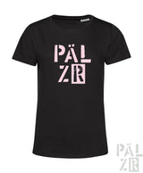Schwarzes kurzarm damen t shirt mit auffälligem pinkem pälzür print auf der brust verschiedene farben