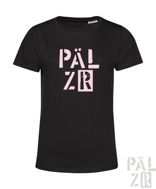 Schwarzes kurzarm damen t shirt mit auffälligem pinkem pälzür print auf der brust verschiedene farben