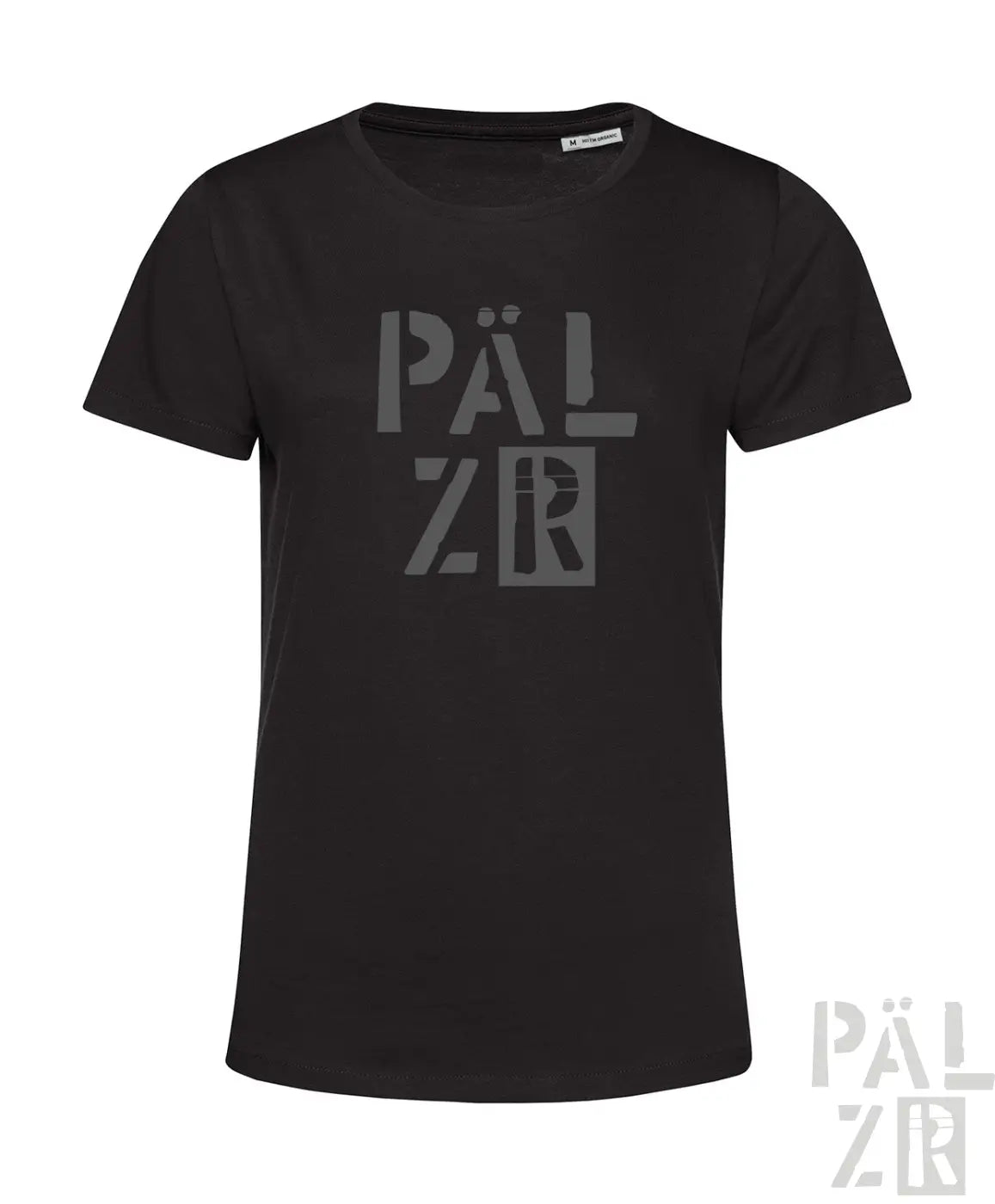 Frauen kurzarm t-shirt in schwarz mit grauem pälzr print auf der brust aus hochwertiger baumwolle