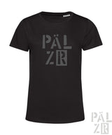 Frauen kurzarm t-shirt in schwarz mit grauem pälzr print auf der brust aus hochwertiger baumwolle