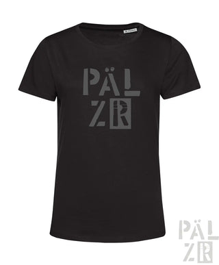 Frauen kurzarm t-shirt in schwarz mit grauem pälzr print auf der brust aus hochwertiger baumwolle