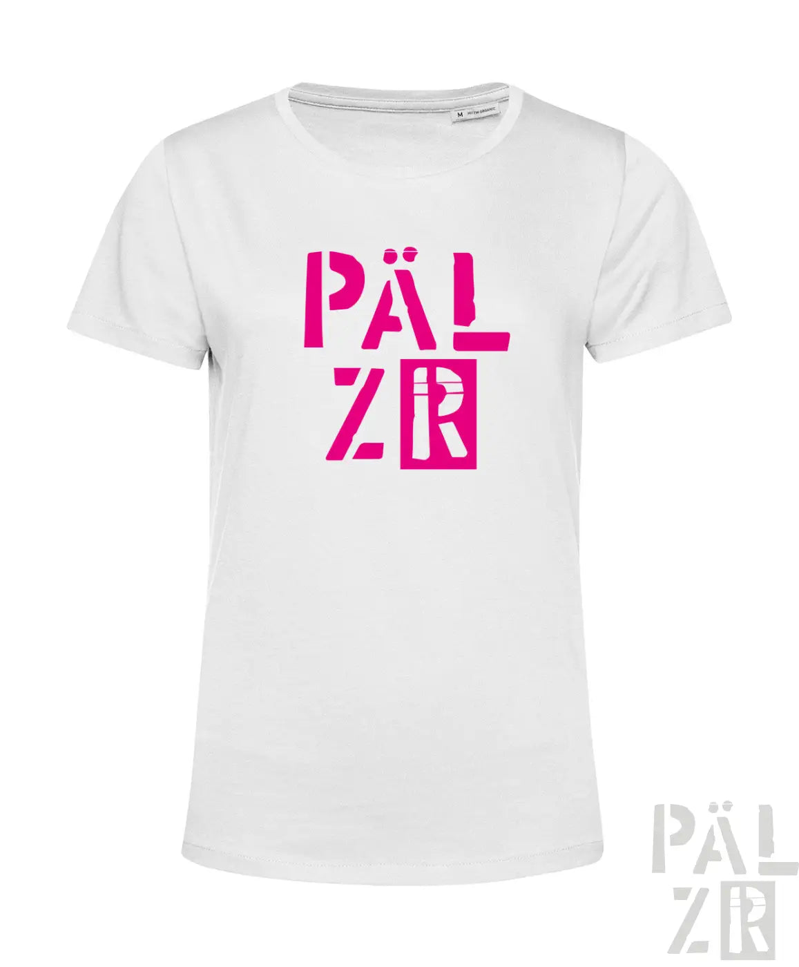 Weißes baumwoll-t-shirt frauen pälzr 2025 mit kräftigem pinkfarbenem blockschrift-logo verschiedene farben