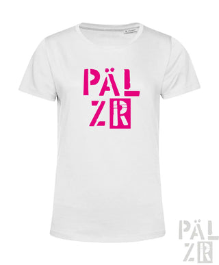 Weißes baumwoll-t-shirt frauen pälzr 2025 mit kräftigem pinkfarbenem blockschrift-logo verschiedene farben