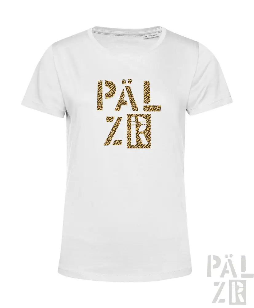 Weißes T-Shirt mit ‚pälzr‘-Text in Gold-Leopardenprint-Design.